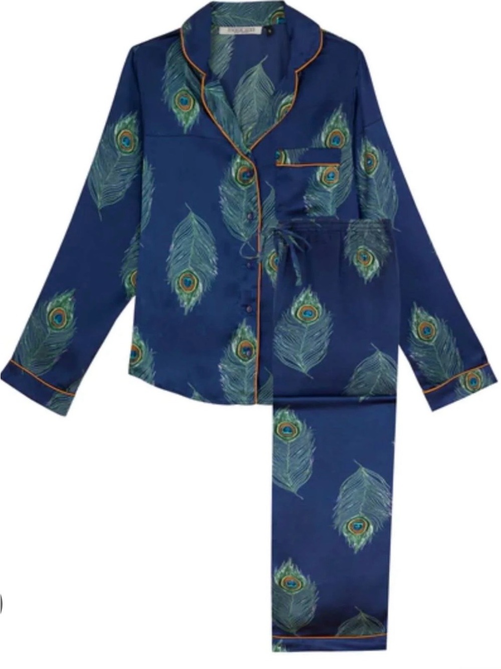 Their Nibs Womens Satin Oversized Pajamas Navy Peacock Feather Size Small - Picture 2 of 8
